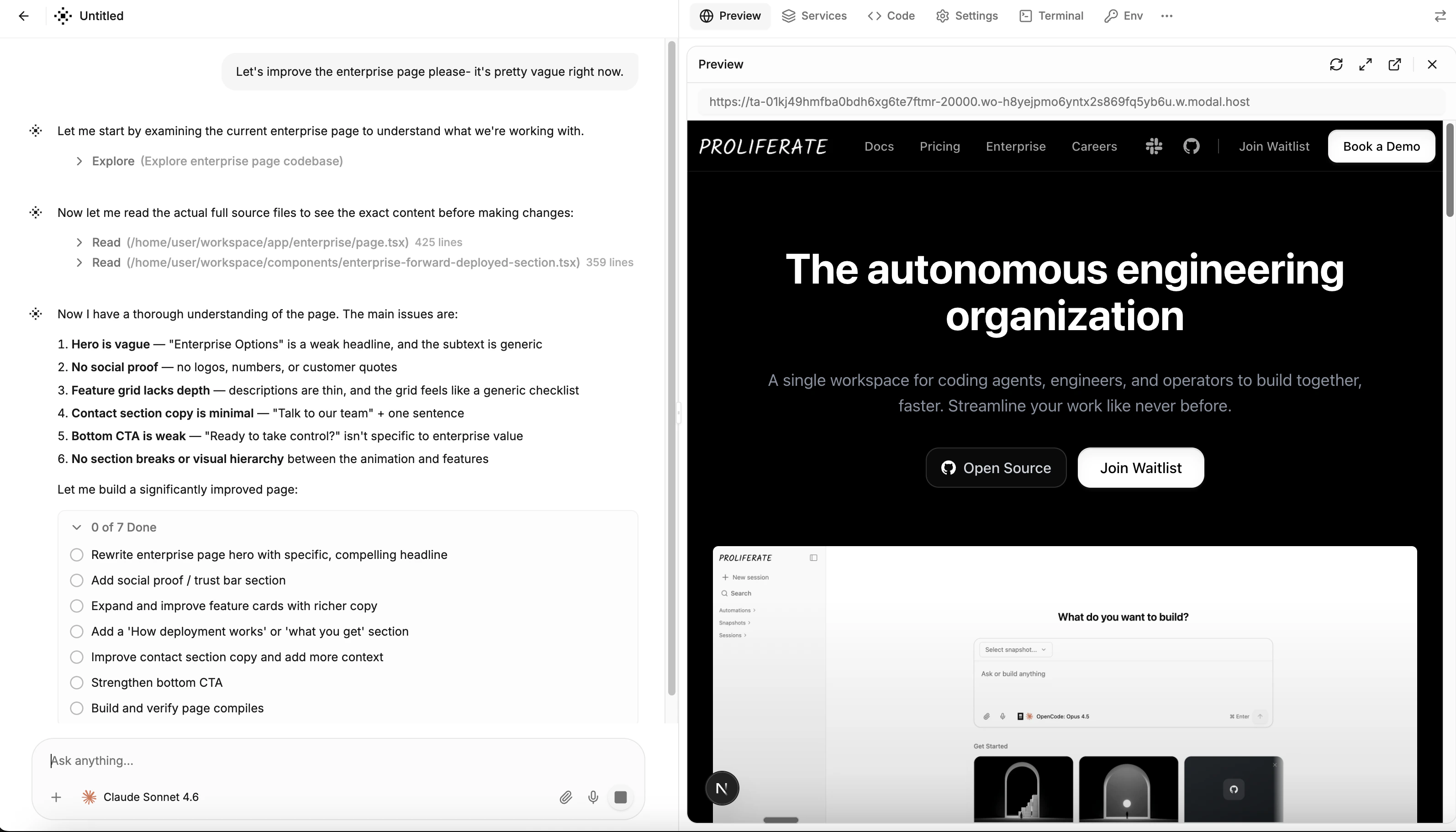 Sandbox workspace showing the chat and service panels.