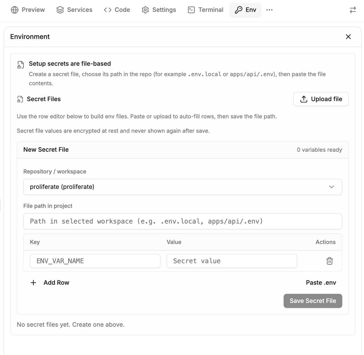 Secret configuration UI for injecting secrets into repo environment files.