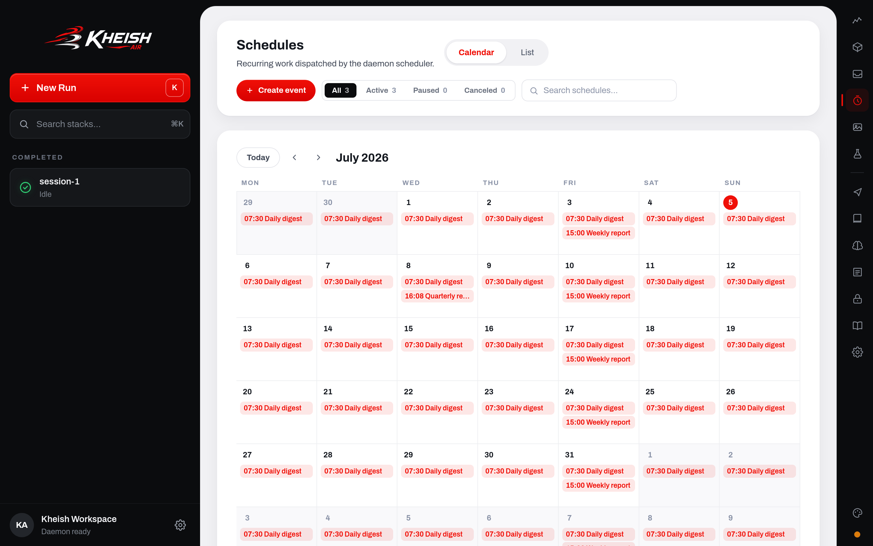 The Schedules calendar in Kheish Air: a month grid of recurring and one-shot agent work