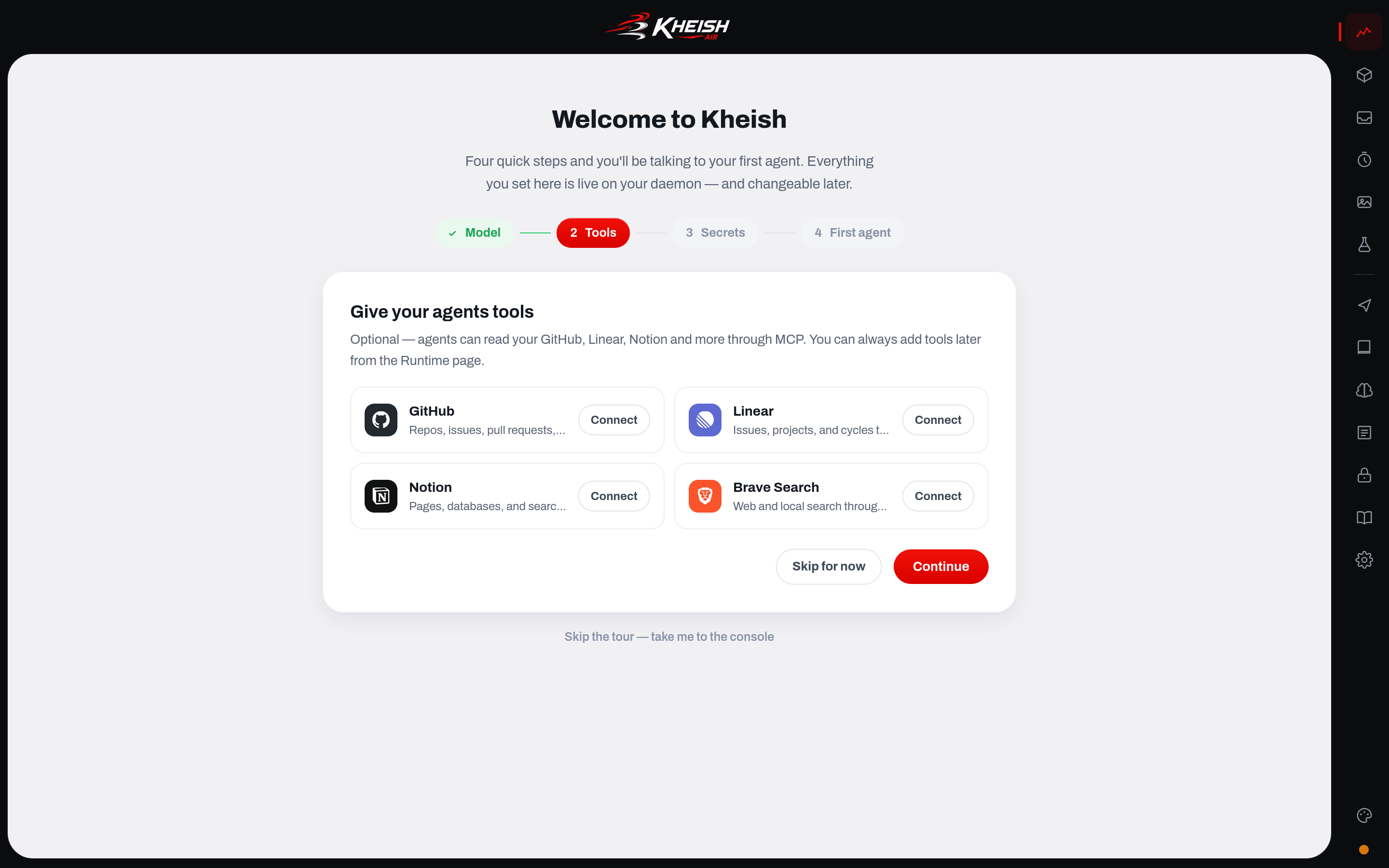 The wizard's Tools step: featured MCP servers you can connect in one click