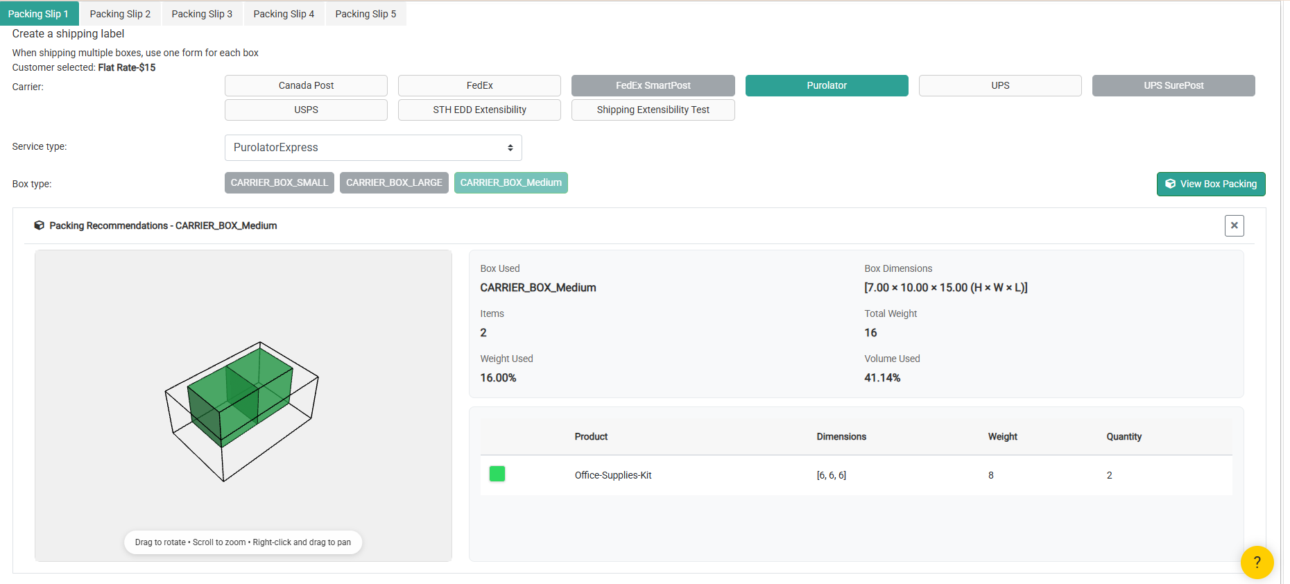 Packing Recommendations displayed