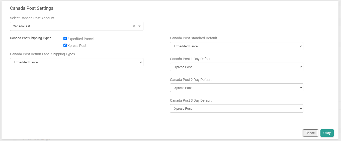 More detailed carrier settings, using Canada Post as the example