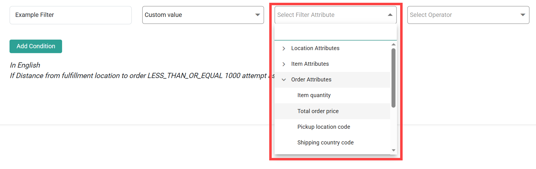 An example filter with an attribute being selected