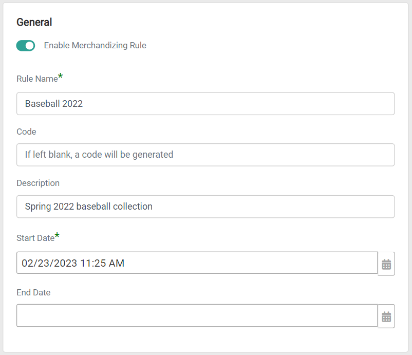 The General settings for a merchandizing rule