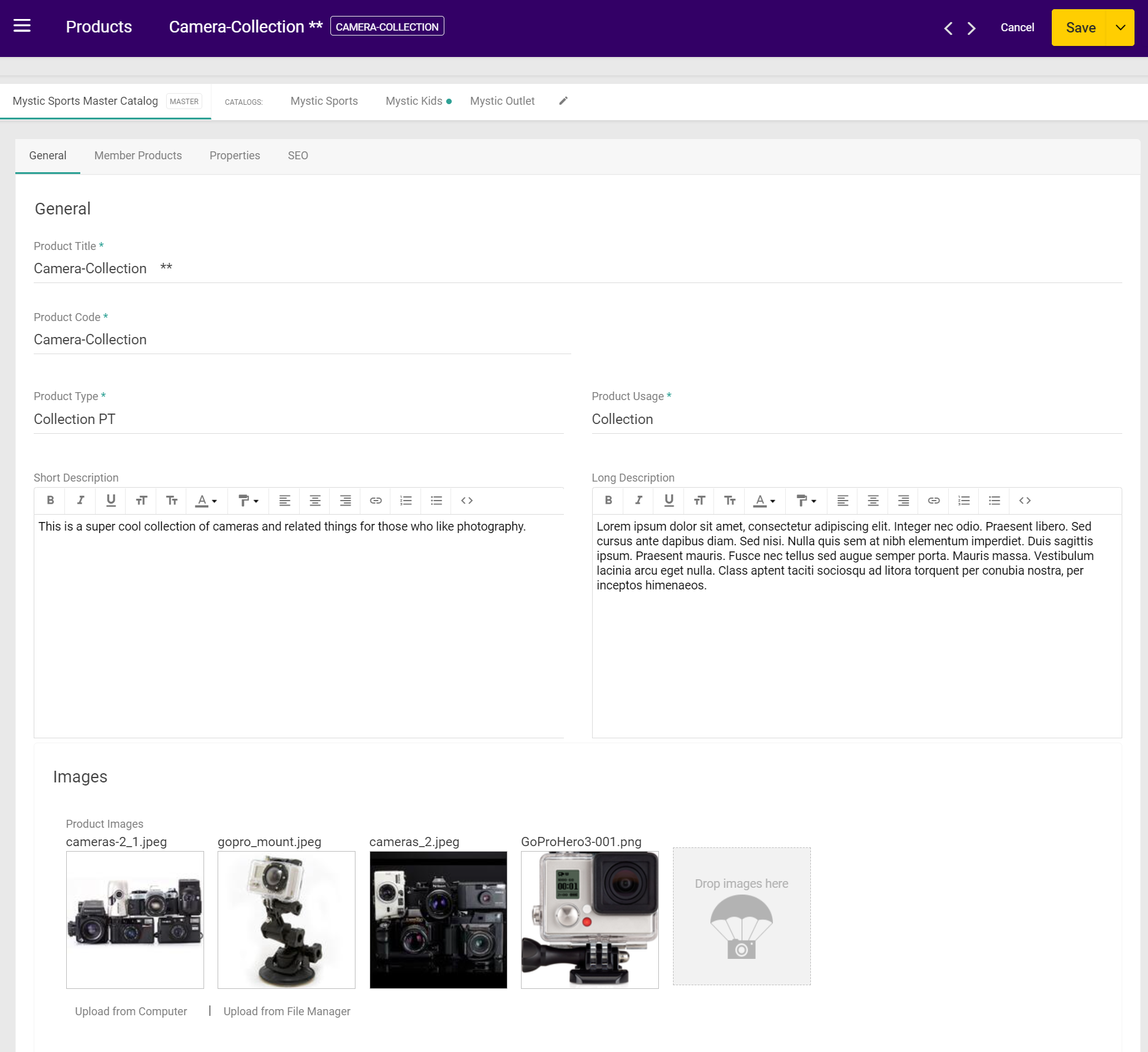 Product configurations with a set of example images
