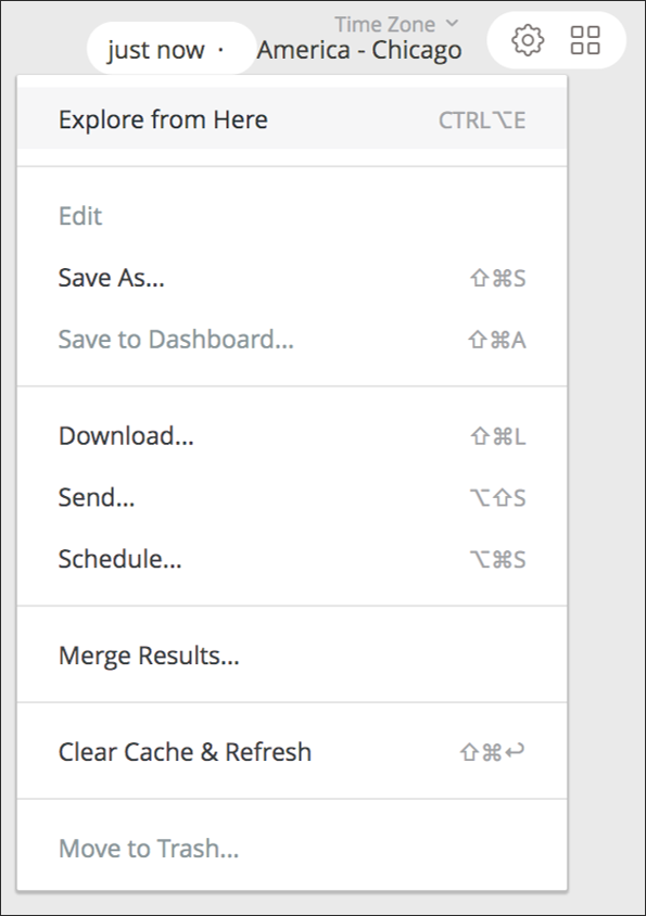 Callout of the gear icon and Explore From Here button