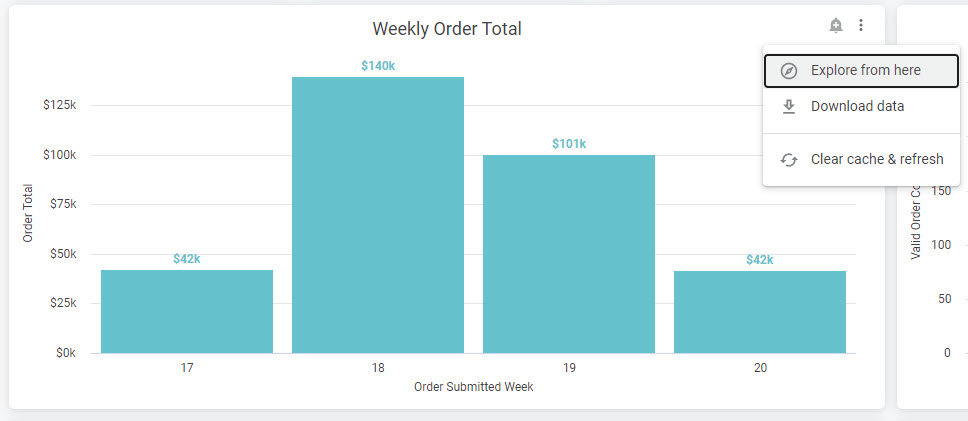 The drop-down option menu of a tile with Explore from Here highlighted