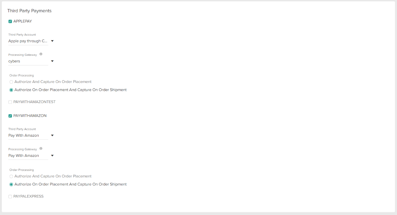 The Third Party Payments page with Apple Pay and Pay With Amazon selected