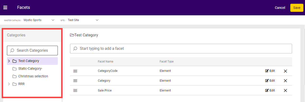 The Facets UI with a callout for the category navigation