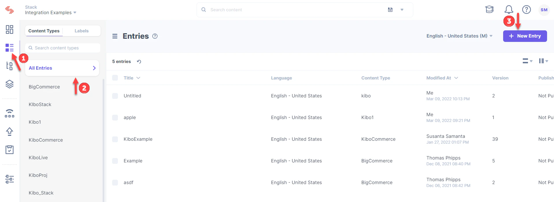 Contentstack homepage with navigation for adding "New Entry"