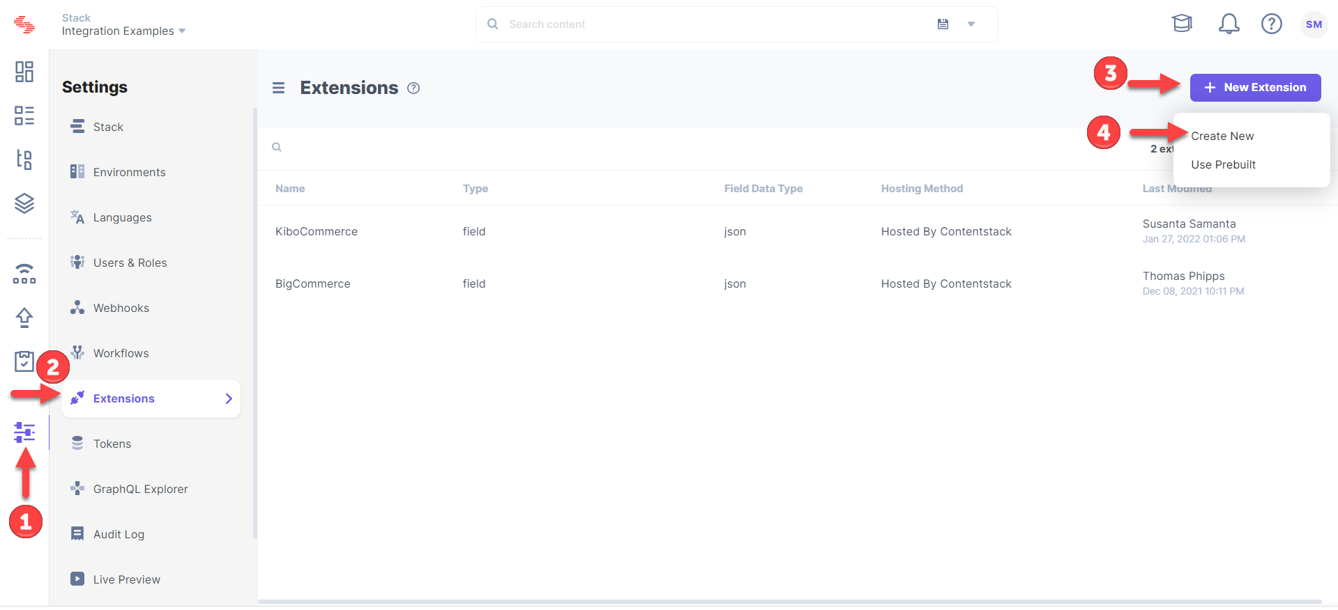 Contentstack homepage with navigation for adding "New Extension"