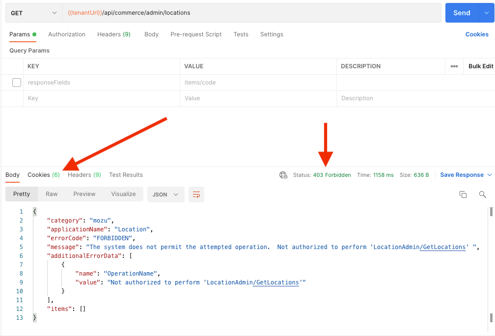 Example API response with callouts for the error message and cookie tab