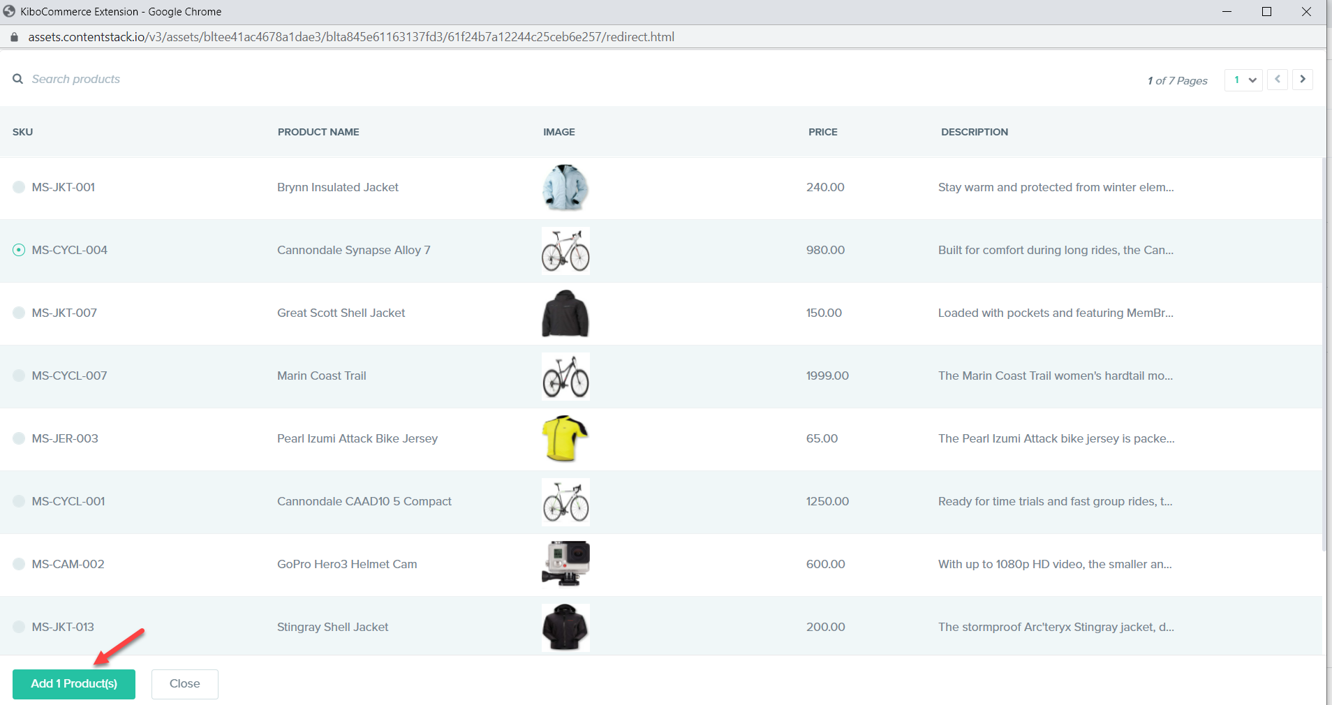 Add Product page with added product list and "Add 1 Product(s)" button at bottom