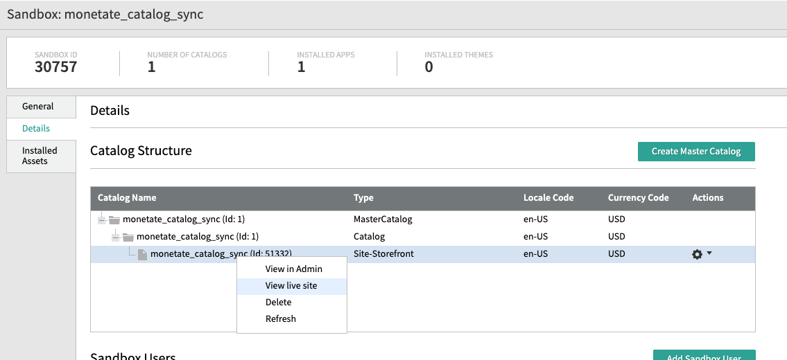 Sandbox Information page with the catalog structure and navigation showing how to obtain your live site URL and Admin host