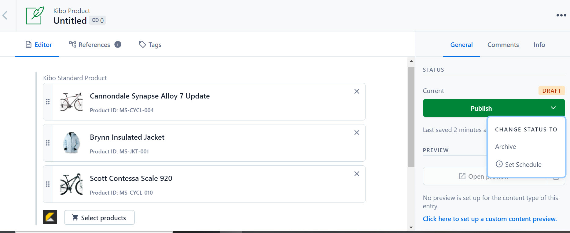 Product Catalog review page with "Publish" button