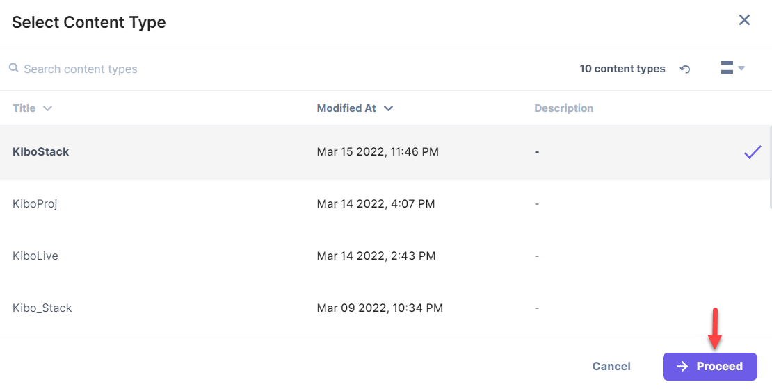 List of added "Content Type" with "Proceed" button at bottom