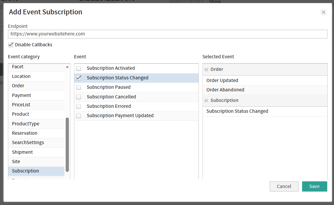 The Add Event Subscription modal with example selections