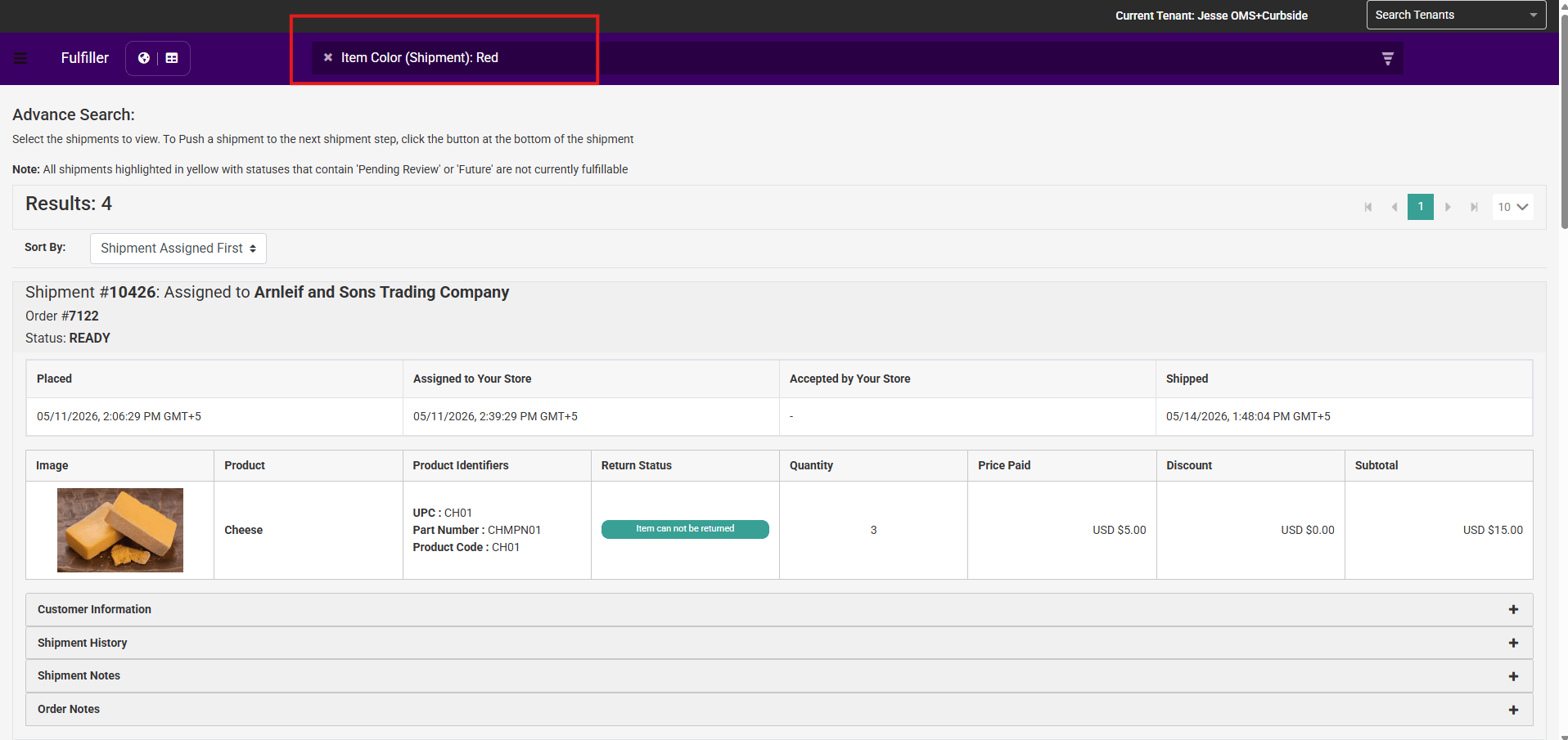Search Bar FFUI Shipment Attribute Search