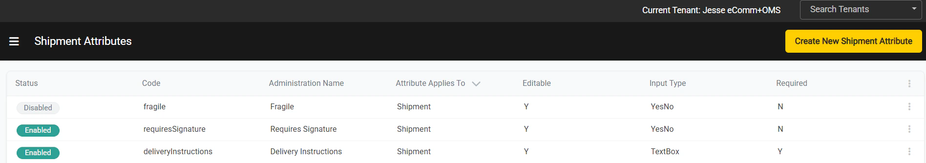 Shipmentattributelistpage