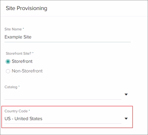 The site provisioning configurations with options for country codes