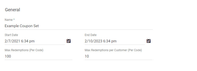 The General settings options for an example coupon set