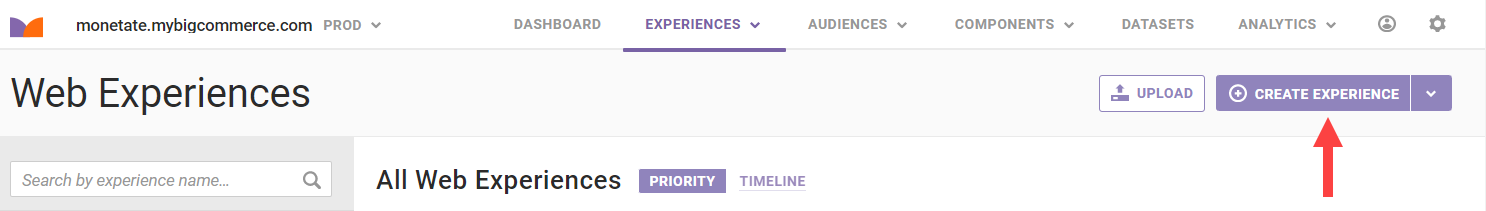 Screenshot of the Monetate Web Experiences page with an arrow pointing to the Create Experience button