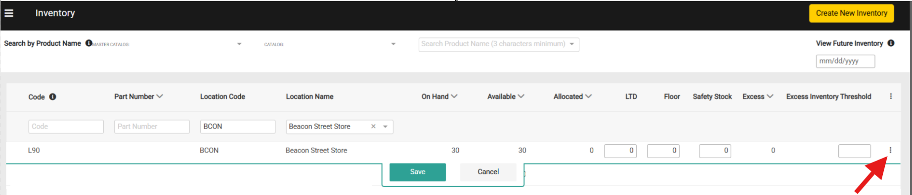 An editable inventory record with tags