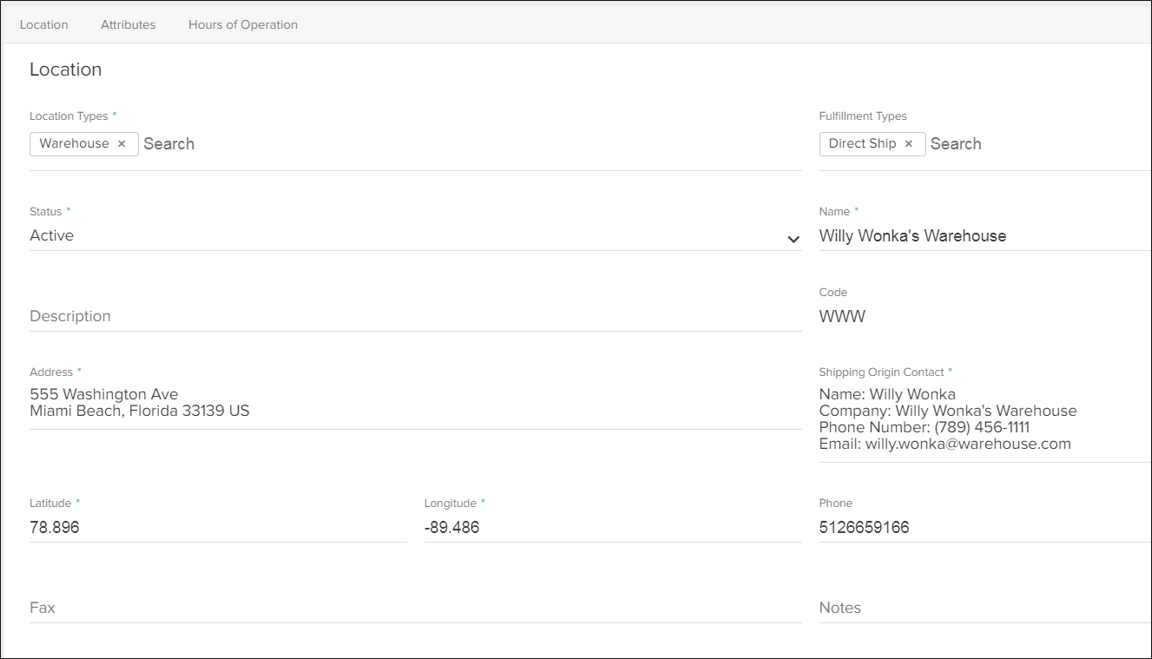 The general location settings for creating a new location