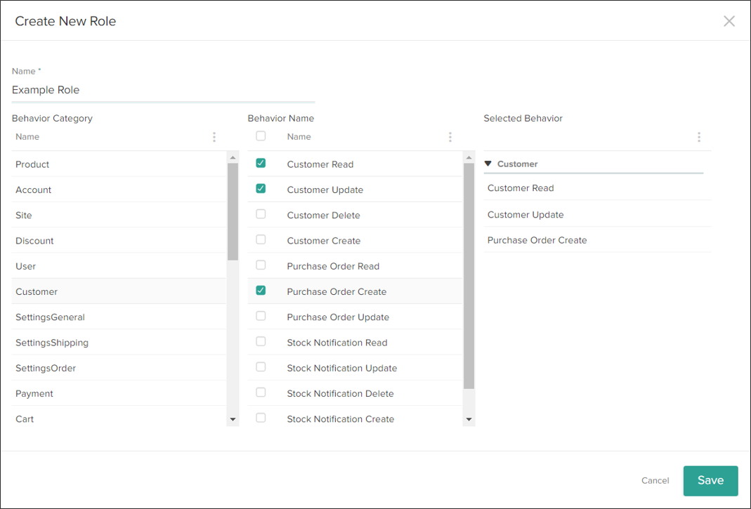 The Create New Role module with example selections for Customer and Purchase Order behaviors