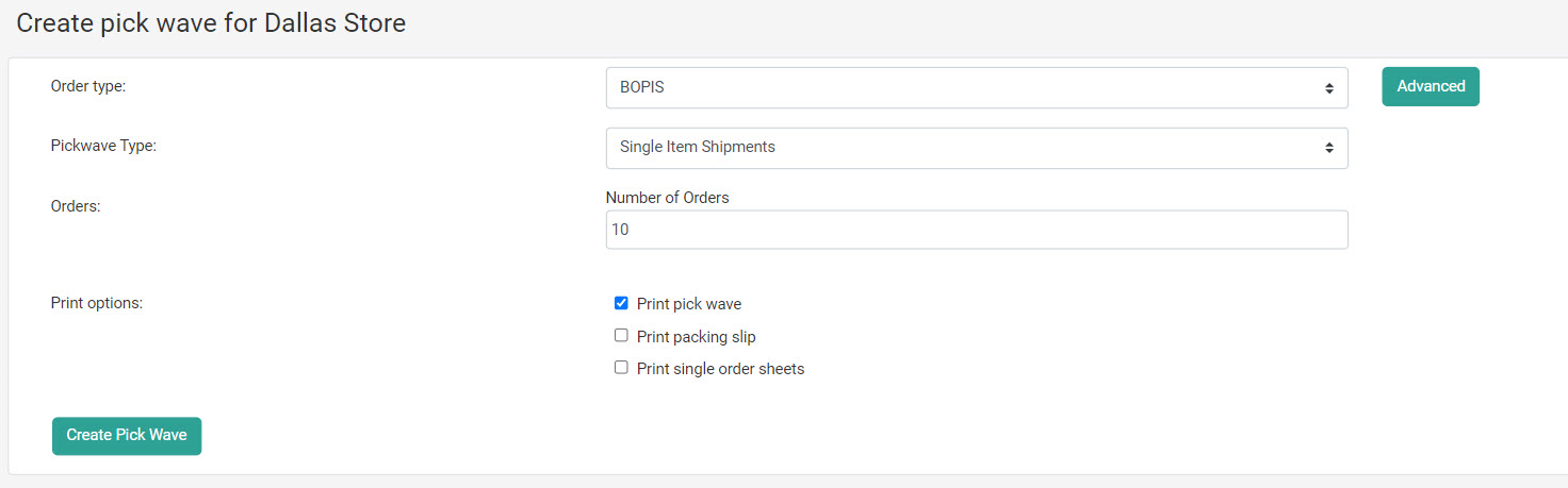 The Create Pick Wave form for a single item shipment pick wave