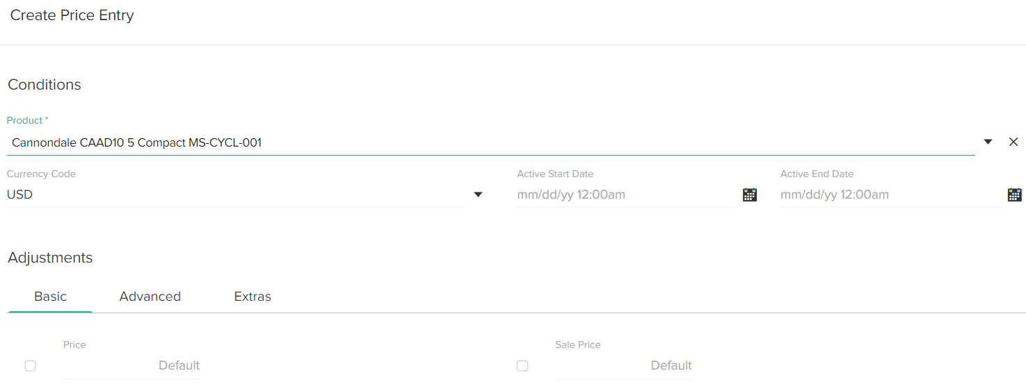 The Create Price Entry form with example values