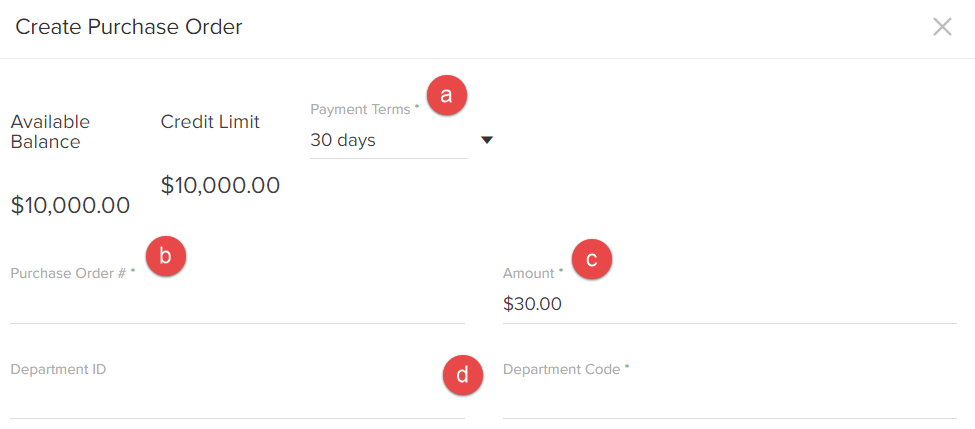 The Create Purchase Order module with steps to select payment terms, purchase order number, amount, and department code