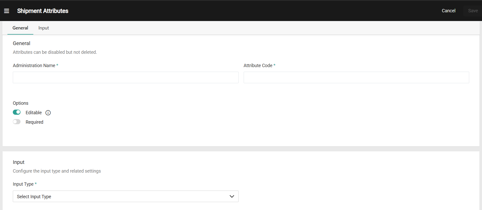 The Shipment Attributes homepage with some example attributes