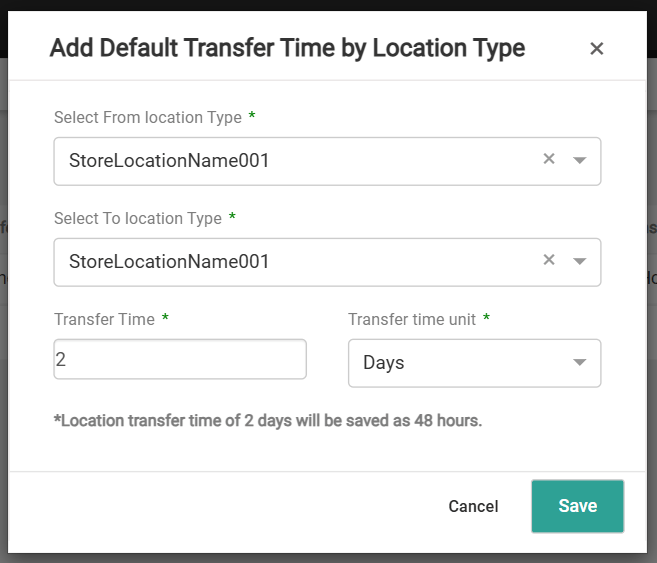 The modal to add a new location type transfer time