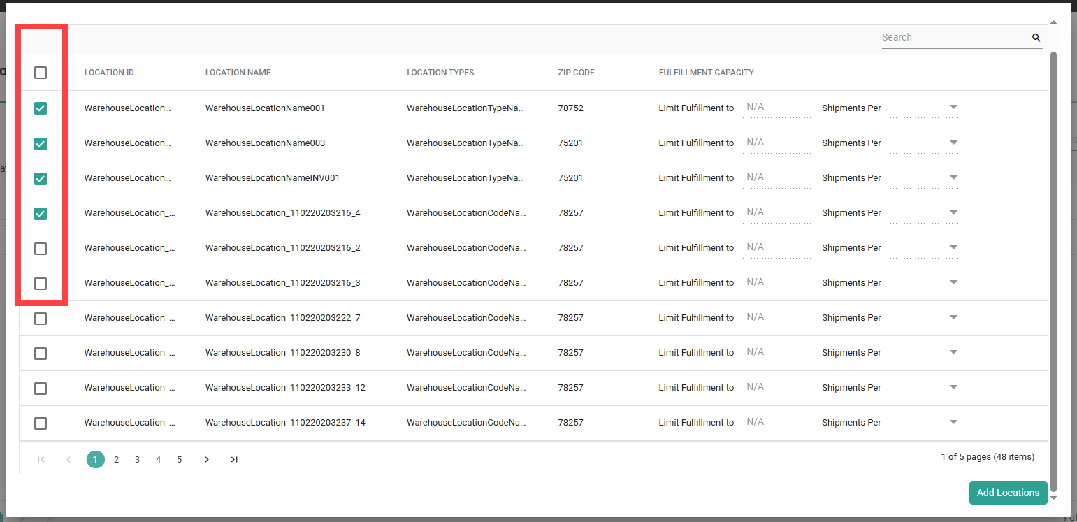 The Add Locations pop-up with some examples selected
