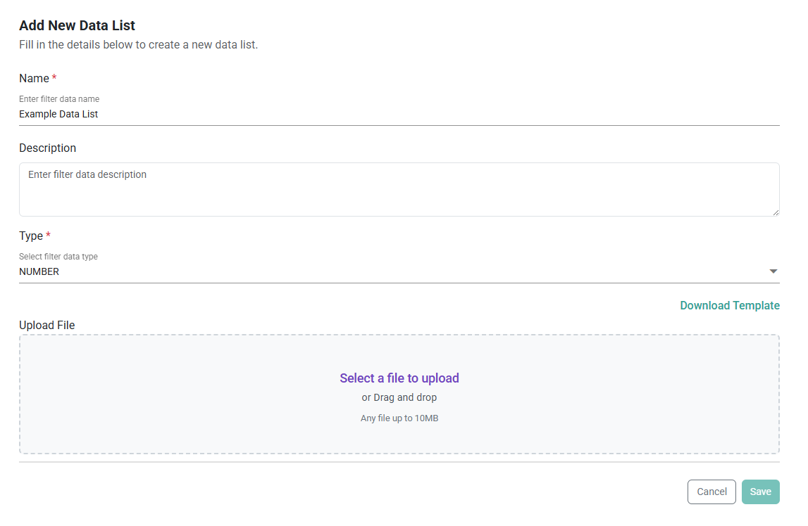 The Add New Data List form