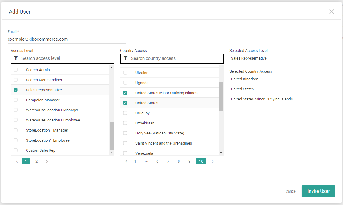 The Add User modal with country access values selected