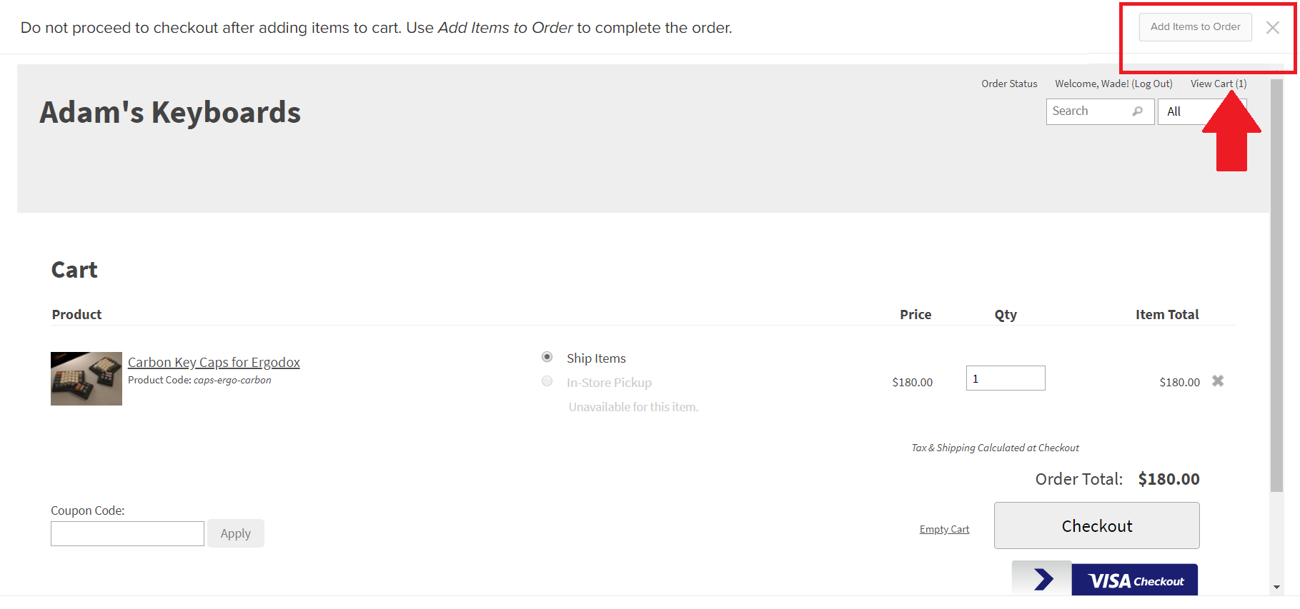 The cart module with a product added and a callout for the Add Items to Order button
