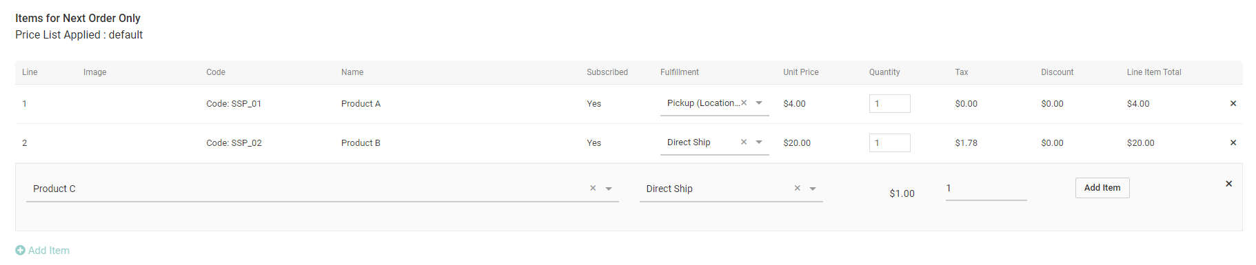 The subscription item details with a table for Subscribed Items and a table for Items Added to Next Order Only