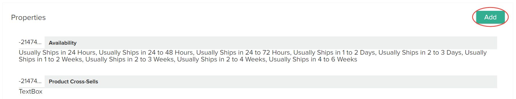The Properties configuration section with a callout for the Add button