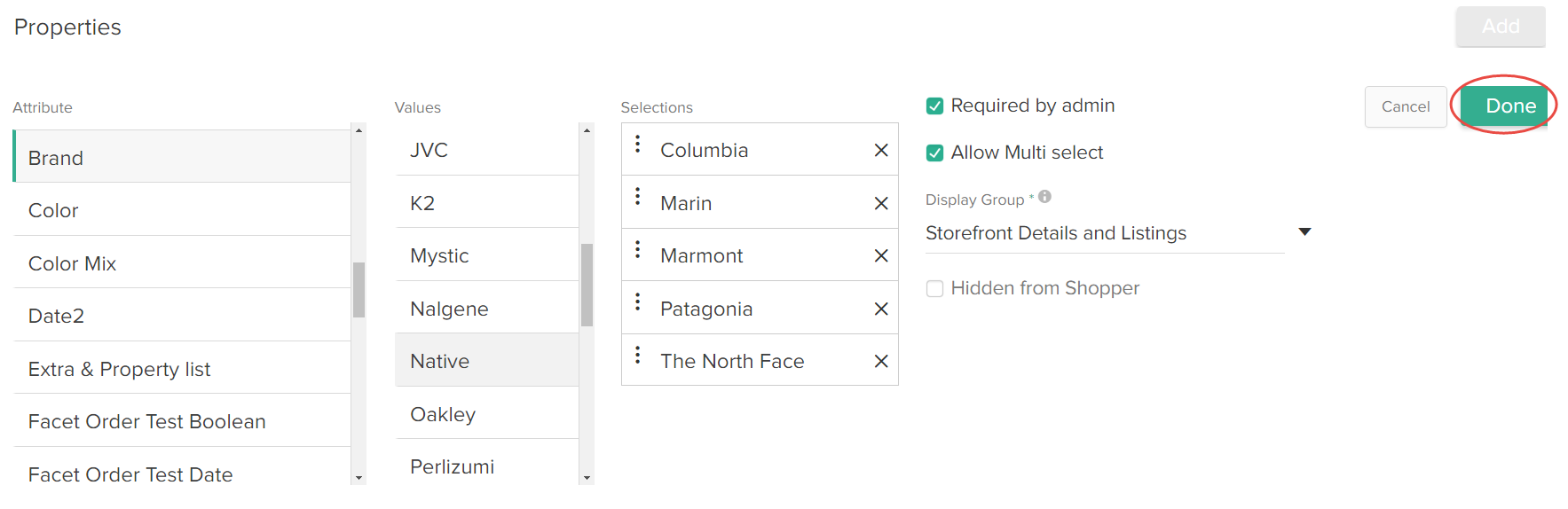 The Properties configuration section with example values and a callout for the Done button