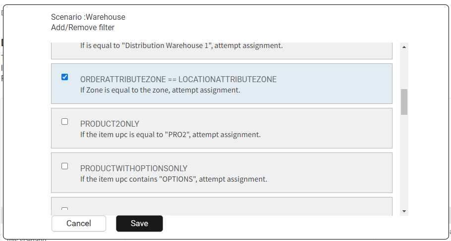 The add/remove filters popup with example filters