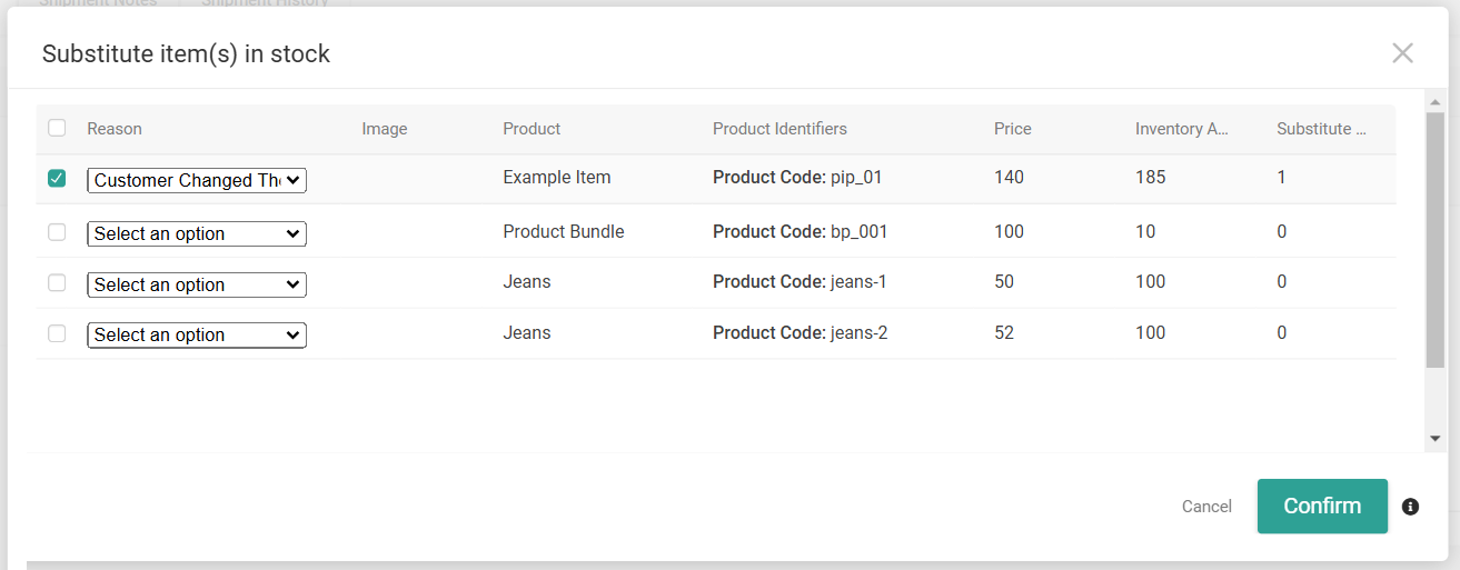 The substitute items modal with an example selected