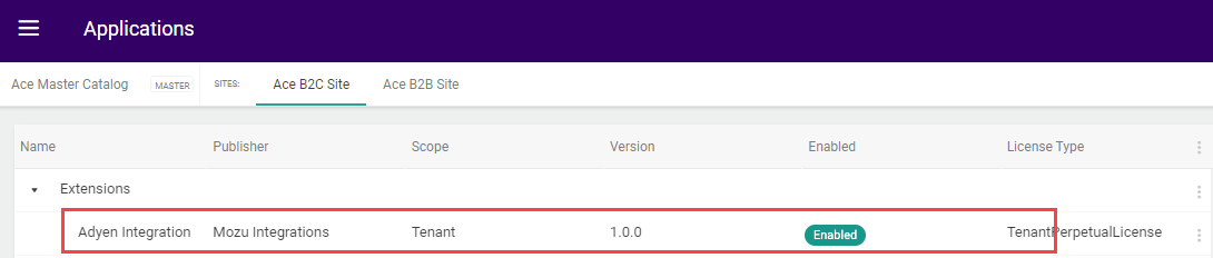 The Applications UI with a callout for the enabled Adyen Integration application