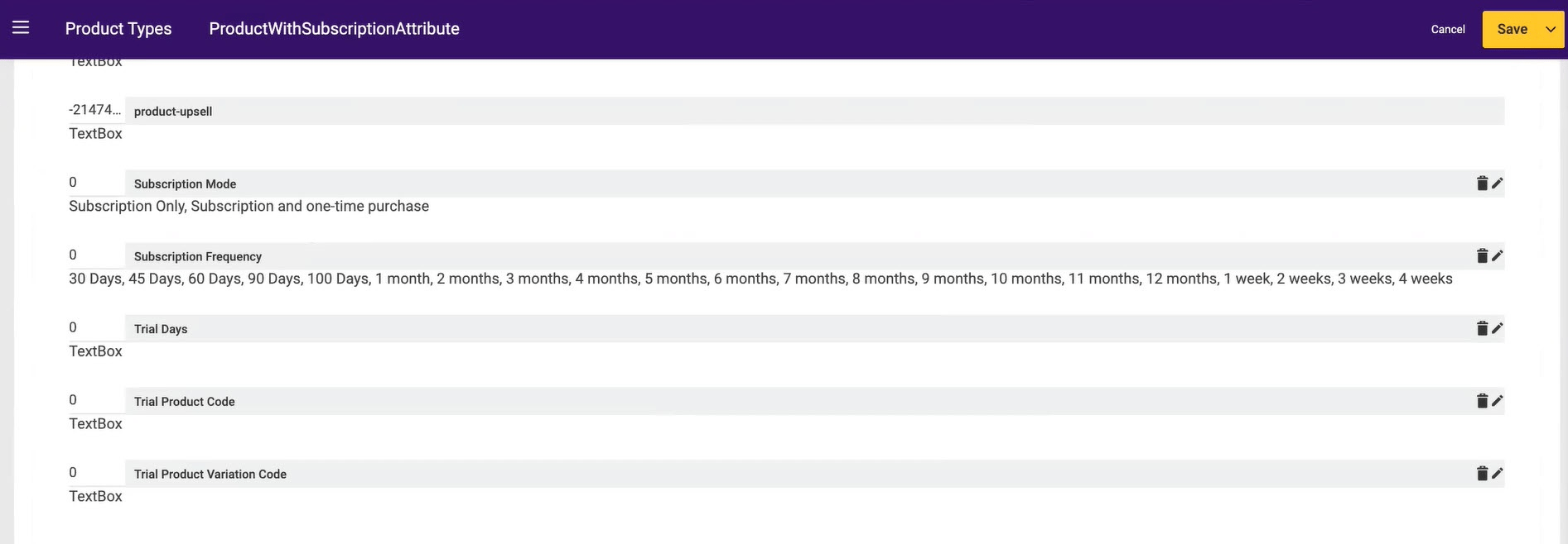 The Product Types configuration page with subscription attributes