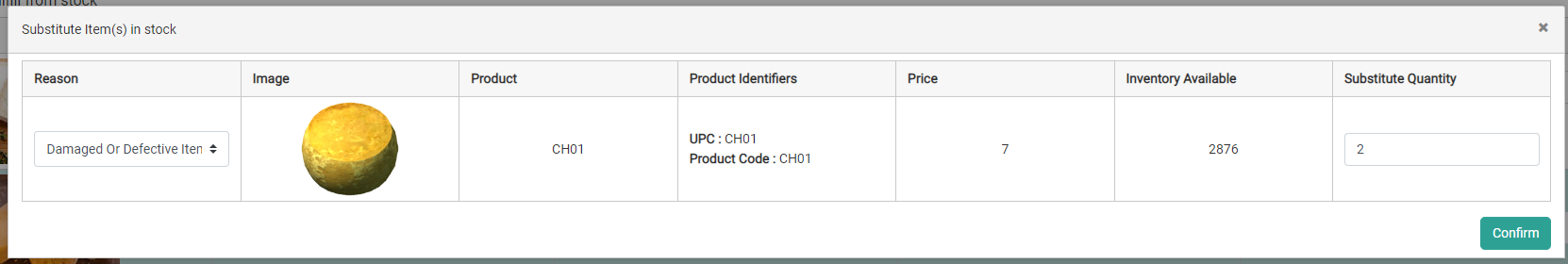 The Substitute Items In Stock modal with a substitute item selected