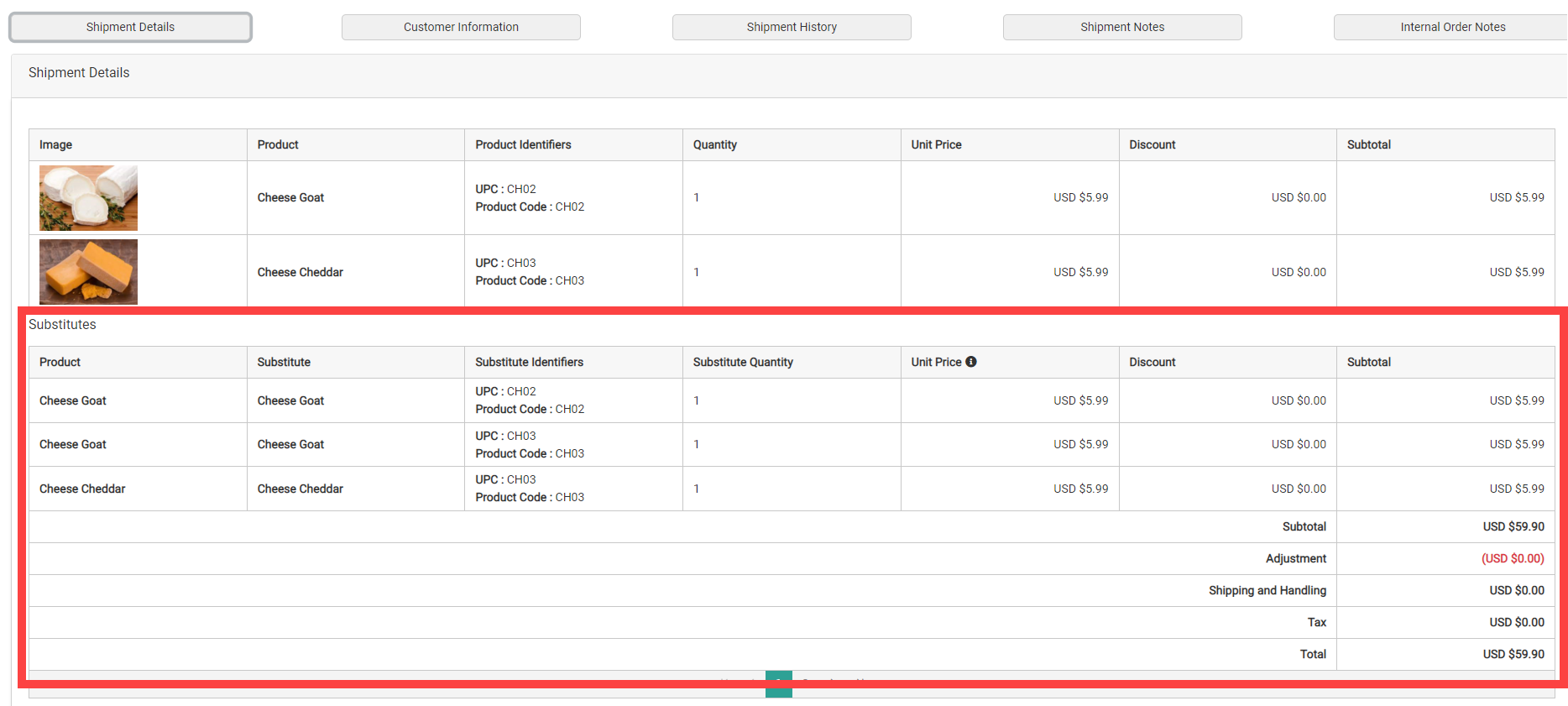 Shipment details with a callout for the Substitutes table