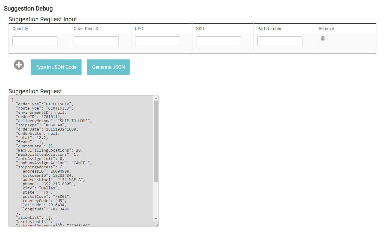 Example of a suggestion request in the Suggestion Debug section