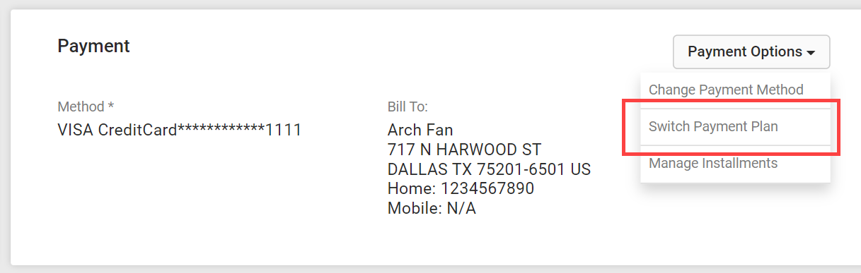 The Payment section of subscription details with a callout for the Switch Payment Plan button
