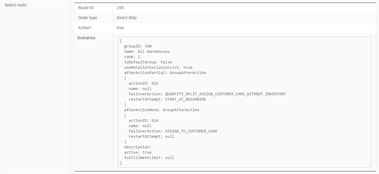 The Select Route section of the response